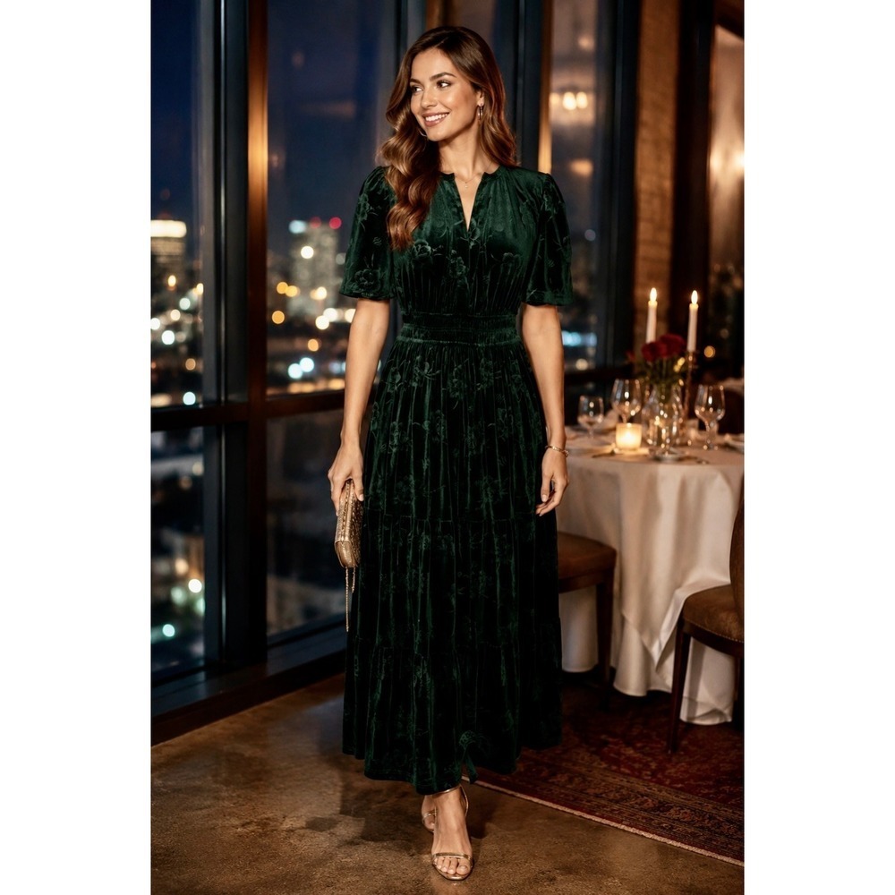 BALTIC BORN Green Velvet Artemis Maxi Dress Tonal Floral Smocked Flutter Small